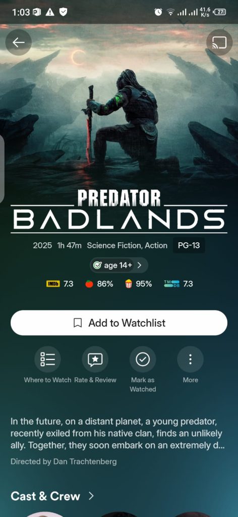 Predator Badlands Movie on Plex