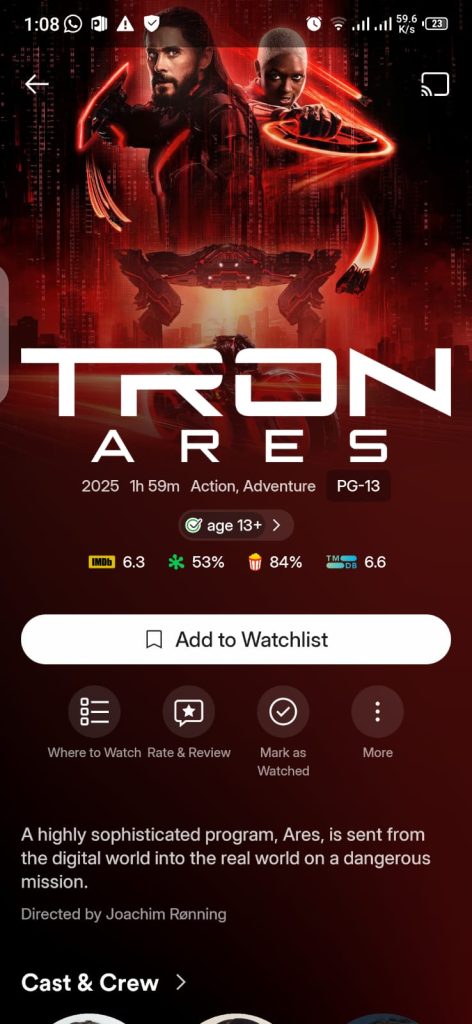 Tron Ares Movie on Plex