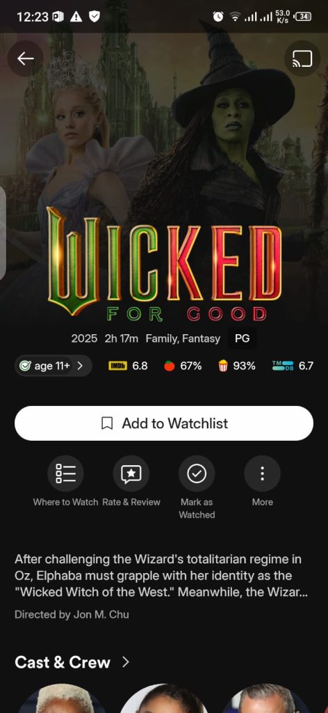 Wicked For Good Movie on Plex